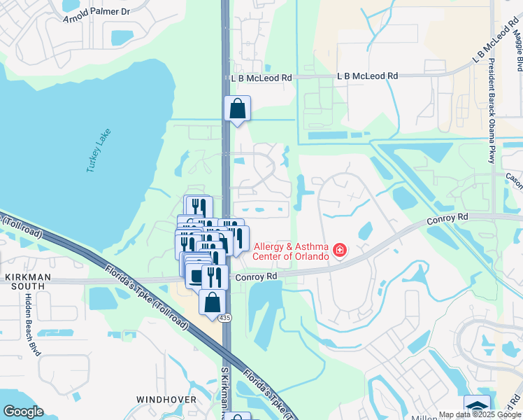 map of restaurants, bars, coffee shops, grocery stores, and more near 4423 South Kirkman Road in Orlando