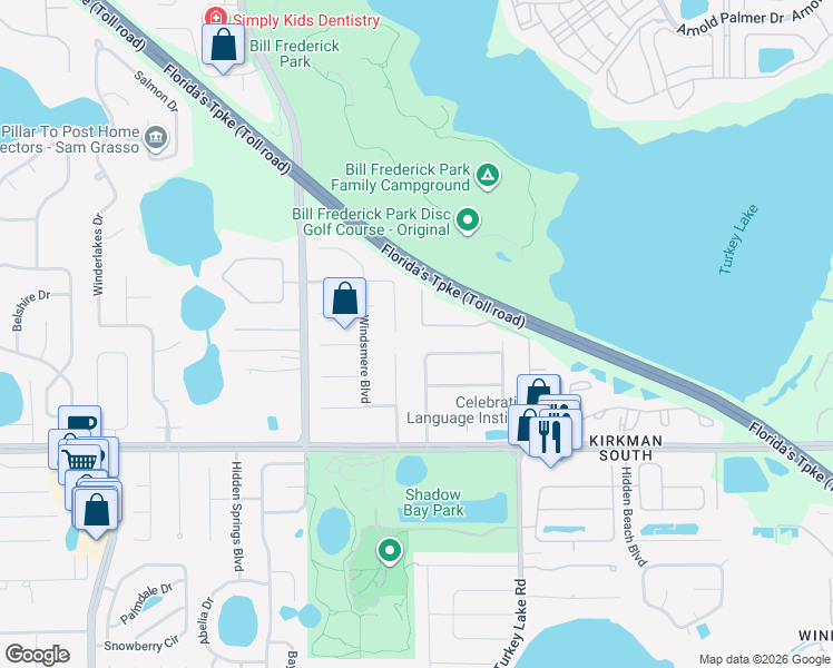 map of restaurants, bars, coffee shops, grocery stores, and more near 4552 Woodlands Village Drive in Orlando