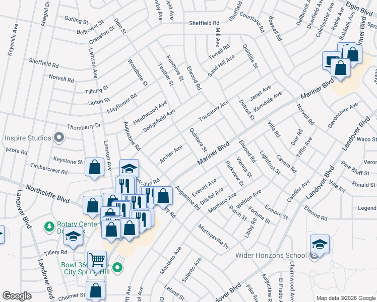 map of restaurants, bars, coffee shops, grocery stores, and more near 11342 Montcalm Road in Spring Hill