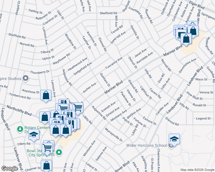 map of restaurants, bars, coffee shops, grocery stores, and more near 11342 Montcalm Road in Spring Hill
