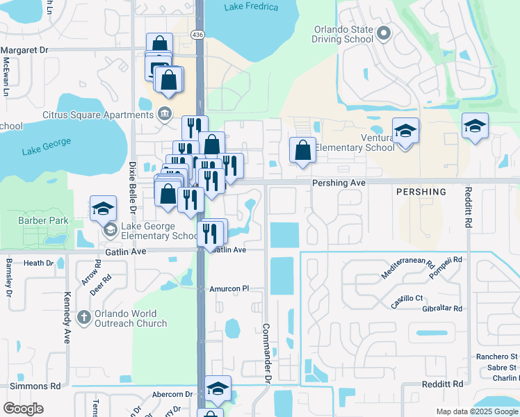 map of restaurants, bars, coffee shops, grocery stores, and more near 4618 Commander Drive in Orlando
