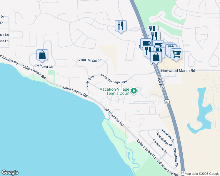 map of restaurants, bars, coffee shops, grocery stores, and more near 10411 Calle De Flores Drive in Clermont
