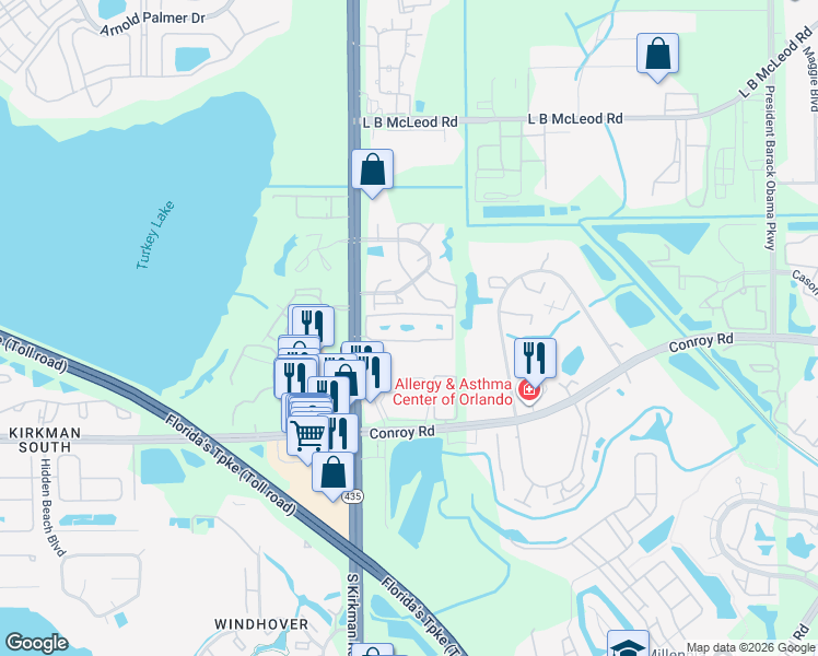 map of restaurants, bars, coffee shops, grocery stores, and more near 4423 South Kirkman Road in Orlando
