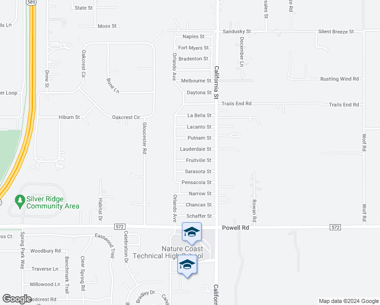 map of restaurants, bars, coffee shops, grocery stores, and more near 16106 Lauderdale Street in Spring Hill