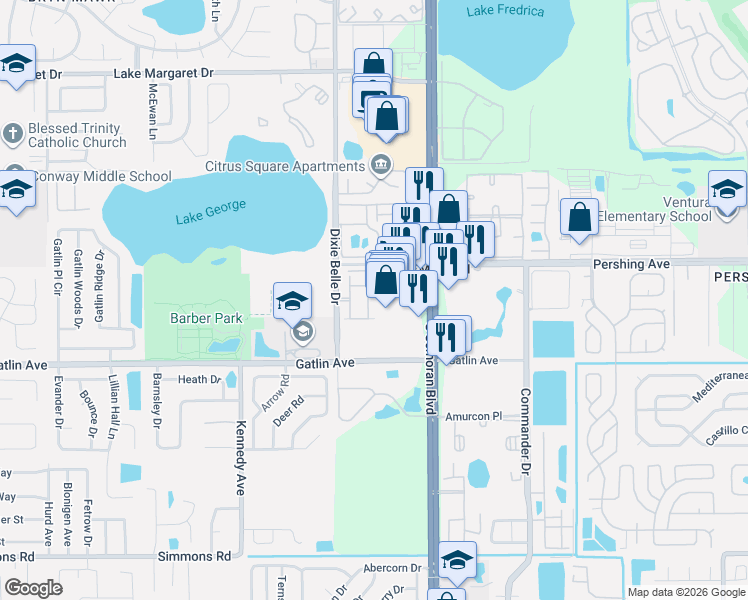 map of restaurants, bars, coffee shops, grocery stores, and more near 4558 South Semoran Boulevard in Orlando