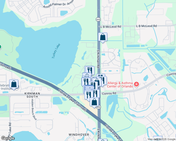 map of restaurants, bars, coffee shops, grocery stores, and more near 4364 South Kirkman Road in Orlando