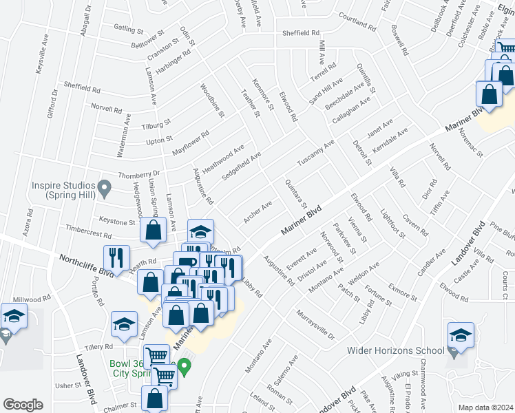 map of restaurants, bars, coffee shops, grocery stores, and more near 11215 Archer Avenue in Spring Hill