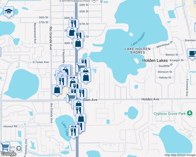 map of restaurants, bars, coffee shops, grocery stores, and more near 4523 Almark Drive in Orlando