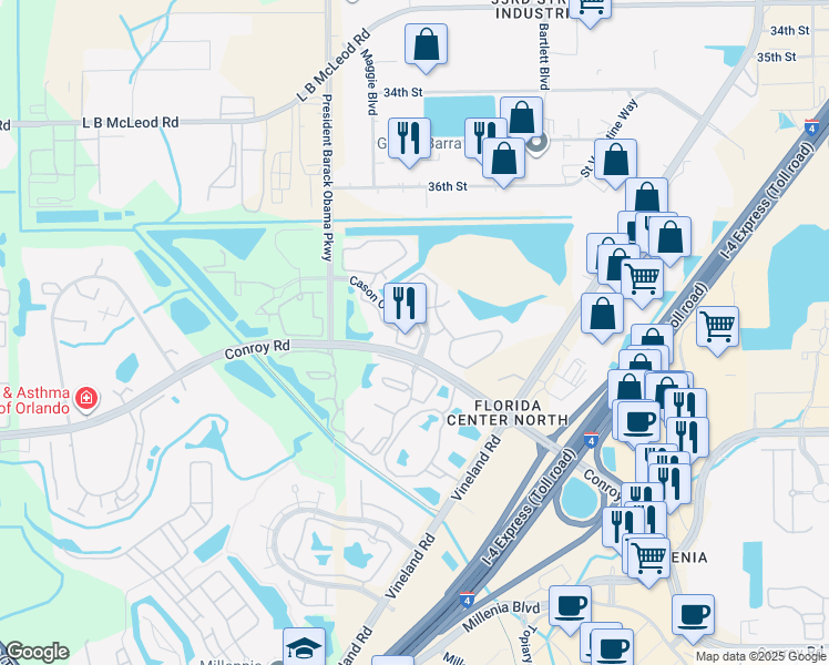 map of restaurants, bars, coffee shops, grocery stores, and more near in Orlando