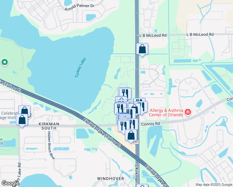 map of restaurants, bars, coffee shops, grocery stores, and more near 4356 South Kirkman Road in Orlando