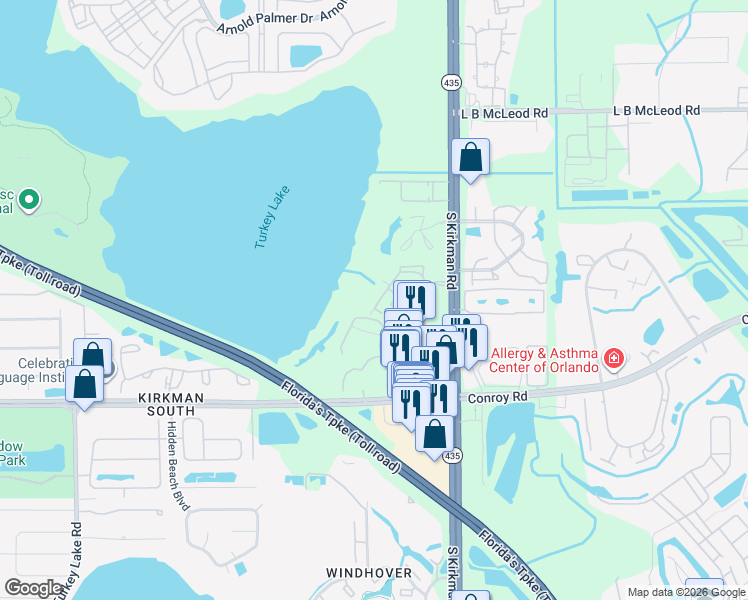 map of restaurants, bars, coffee shops, grocery stores, and more near 4356 South Kirkman Road in Orlando