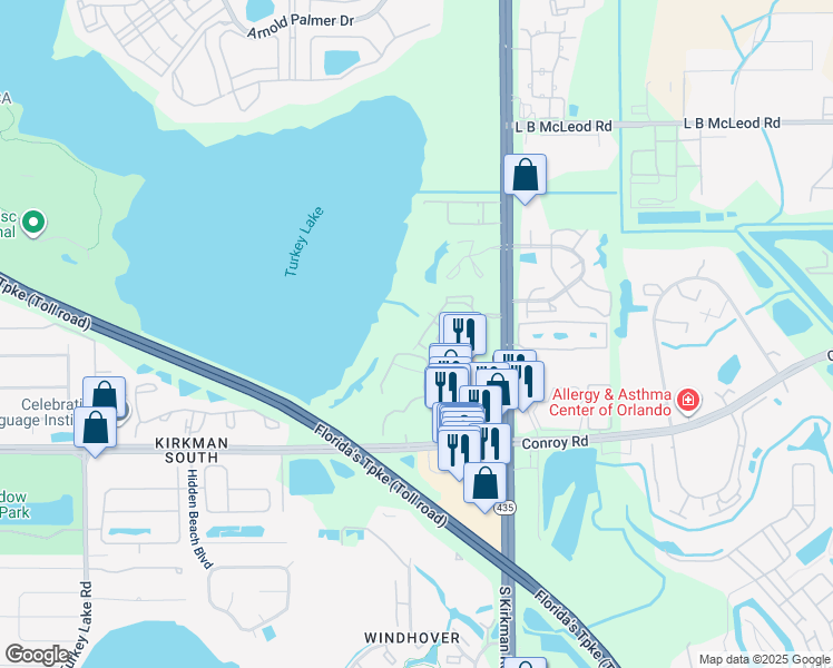 map of restaurants, bars, coffee shops, grocery stores, and more near 4356 South Kirkman Road in Orlando