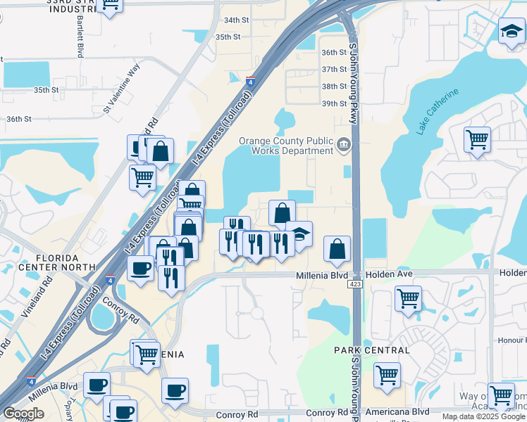 map of restaurants, bars, coffee shops, grocery stores, and more near 4673 Gardens Park Boulevard in Orlando