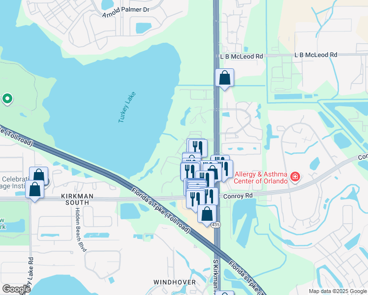 map of restaurants, bars, coffee shops, grocery stores, and more near 4356 South Kirkman Road in Orlando