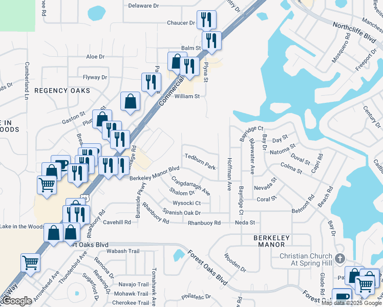 map of restaurants, bars, coffee shops, grocery stores, and more near 8115 Tedburn Park in Spring Hill