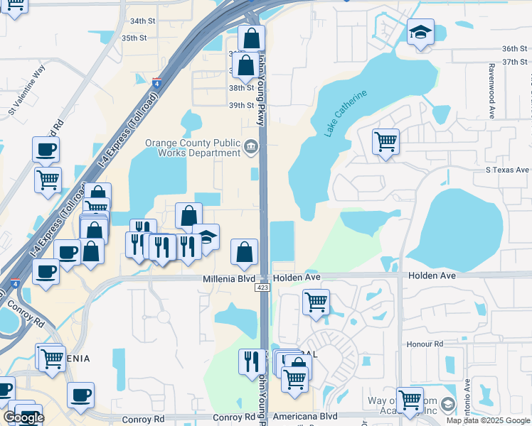 map of restaurants, bars, coffee shops, grocery stores, and more near County Road 423 in Orlando