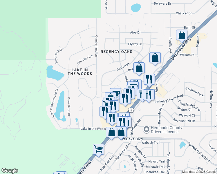 map of restaurants, bars, coffee shops, grocery stores, and more near 4600 Bridgewater Club Loop in Spring Hill