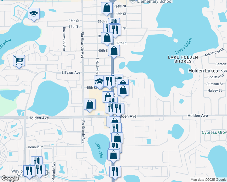 map of restaurants, bars, coffee shops, grocery stores, and more near 4649 South Orange Blossom Trail in Orlando