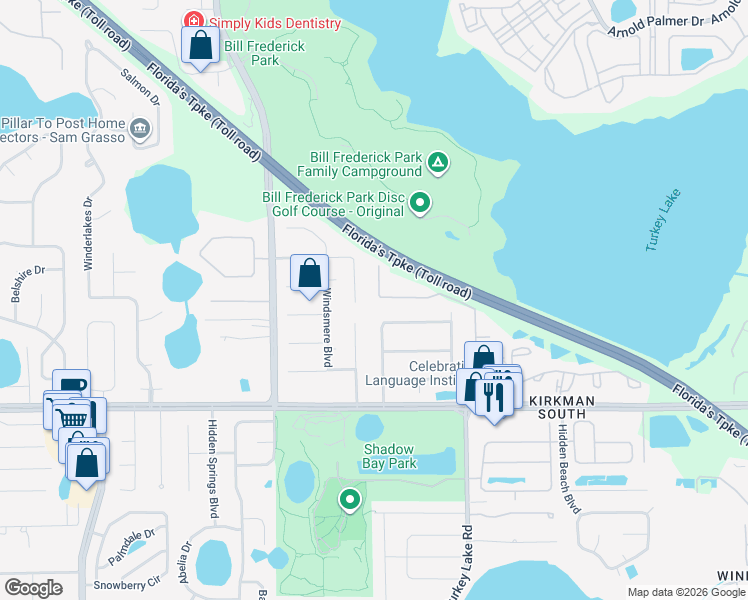 map of restaurants, bars, coffee shops, grocery stores, and more near 4552 Woodlands Village Drive in Orlando