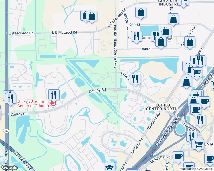 map of restaurants, bars, coffee shops, grocery stores, and more near 4894 Cason Cove Drive in Orlando