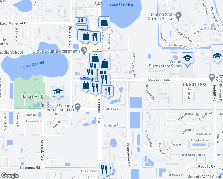 map of restaurants, bars, coffee shops, grocery stores, and more near 4532 Commander Drive in Orlando