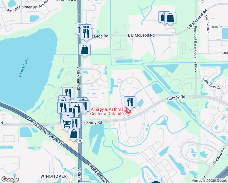 map of restaurants, bars, coffee shops, grocery stores, and more near 4430 Shadow Crest Place in Orlando