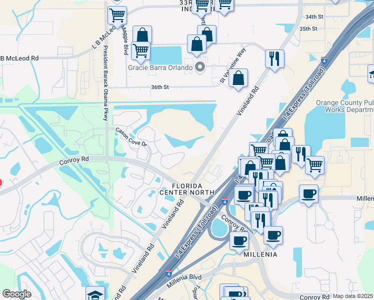 map of restaurants, bars, coffee shops, grocery stores, and more near 4508 Vineland Road in Orlando