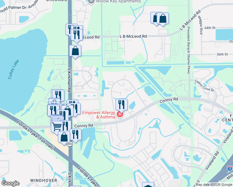 map of restaurants, bars, coffee shops, grocery stores, and more near 5393 Elm Court in Orlando