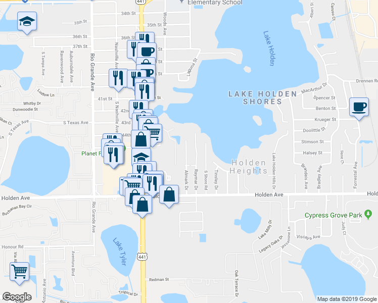 map of restaurants, bars, coffee shops, grocery stores, and more near 4507 Almark Drive in Orlando