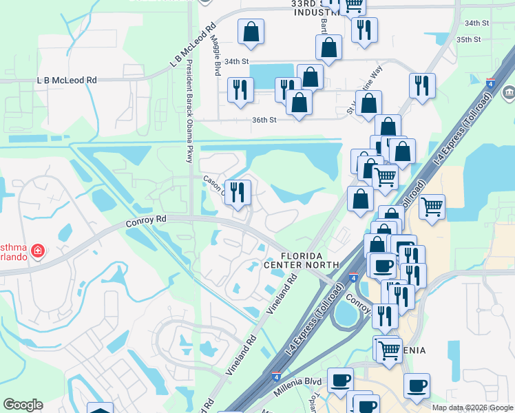 map of restaurants, bars, coffee shops, grocery stores, and more near 4637 Cason Cove Drive in Orlando