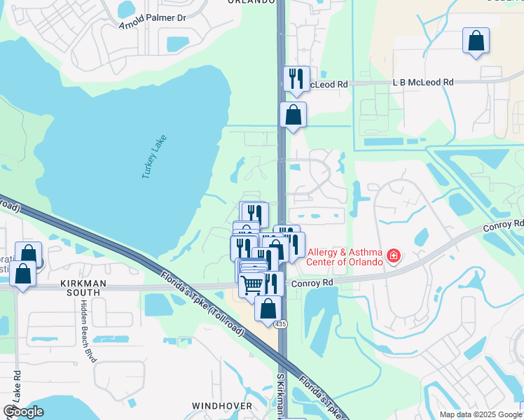 map of restaurants, bars, coffee shops, grocery stores, and more near 4368 South Kirkman Road in Orlando