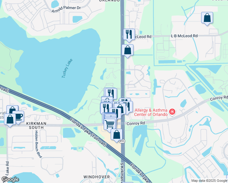map of restaurants, bars, coffee shops, grocery stores, and more near 4368 South Kirkman Road in Orlando
