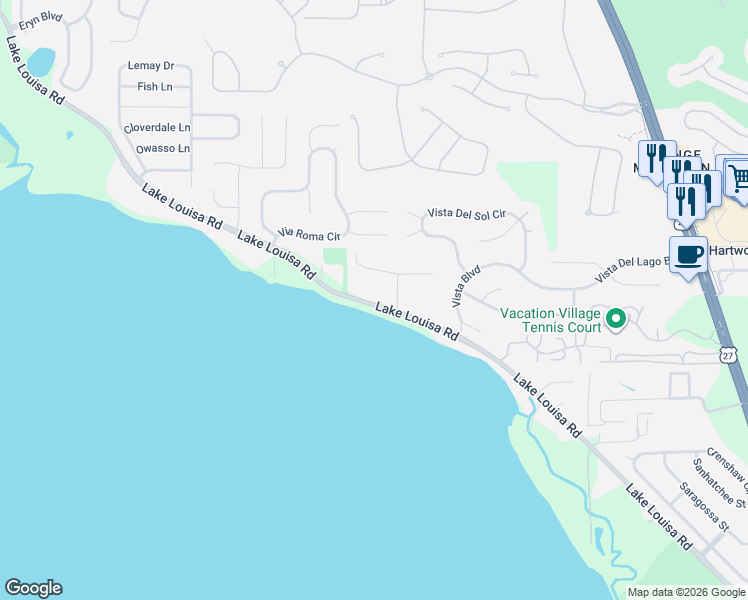 map of restaurants, bars, coffee shops, grocery stores, and more near 10409 Quail Roost Road in Clermont