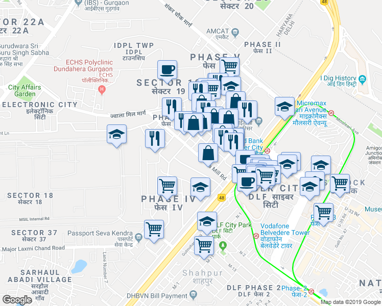 map of restaurants, bars, coffee shops, grocery stores, and more near in Gurugram