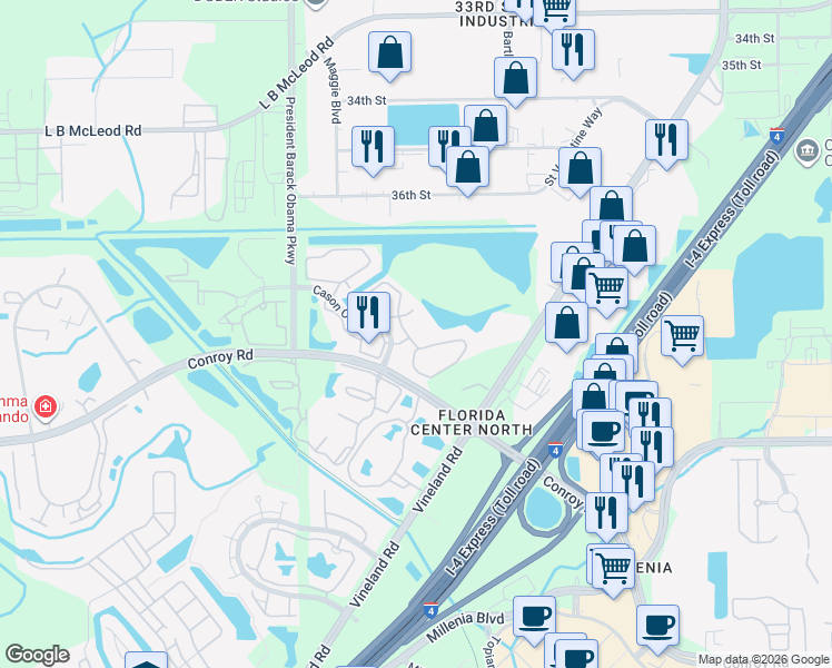 map of restaurants, bars, coffee shops, grocery stores, and more near 4637 Cason Cove Drive in Orlando