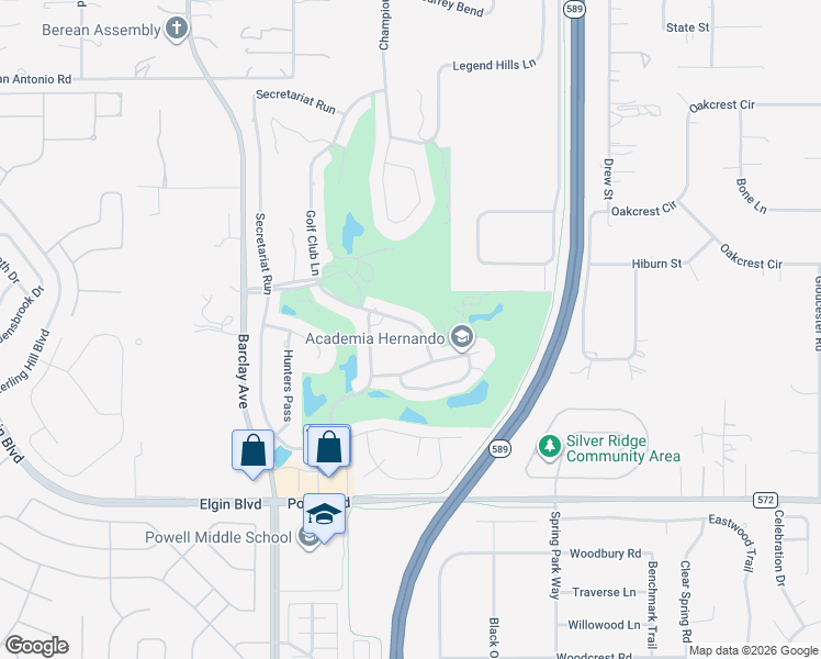 map of restaurants, bars, coffee shops, grocery stores, and more near 4489 Golf Club Lane in Spring Hill