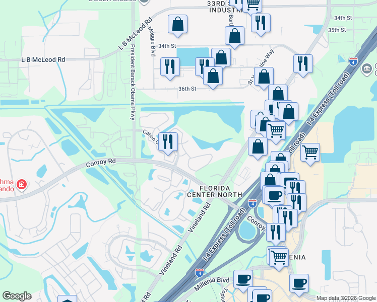map of restaurants, bars, coffee shops, grocery stores, and more near 4635 Cason Cove Drive in Orlando