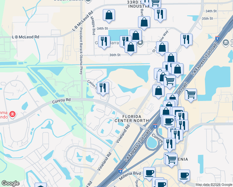 map of restaurants, bars, coffee shops, grocery stores, and more near 4637 Cason Cove Drive in Orlando