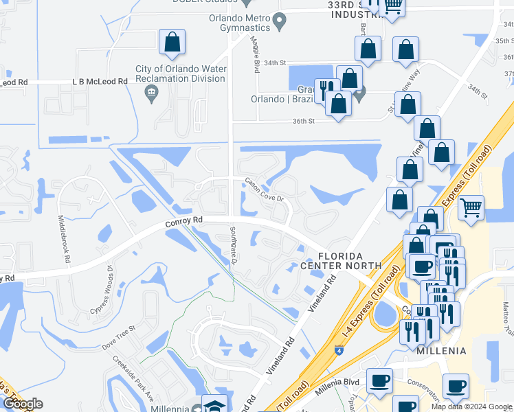 map of restaurants, bars, coffee shops, grocery stores, and more near 4700 Cason Cove Drive in Orlando