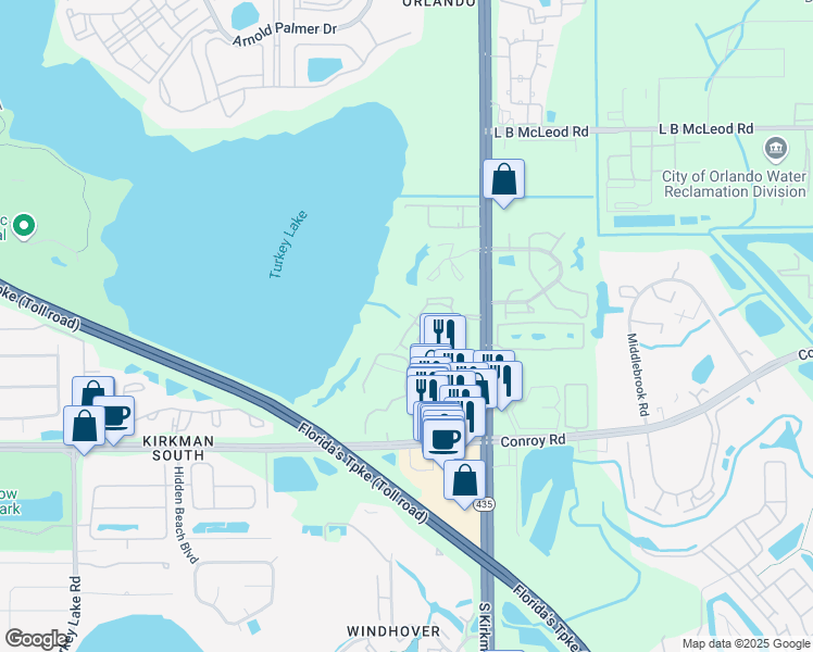 map of restaurants, bars, coffee shops, grocery stores, and more near 4324 South Kirkman Road in Orlando