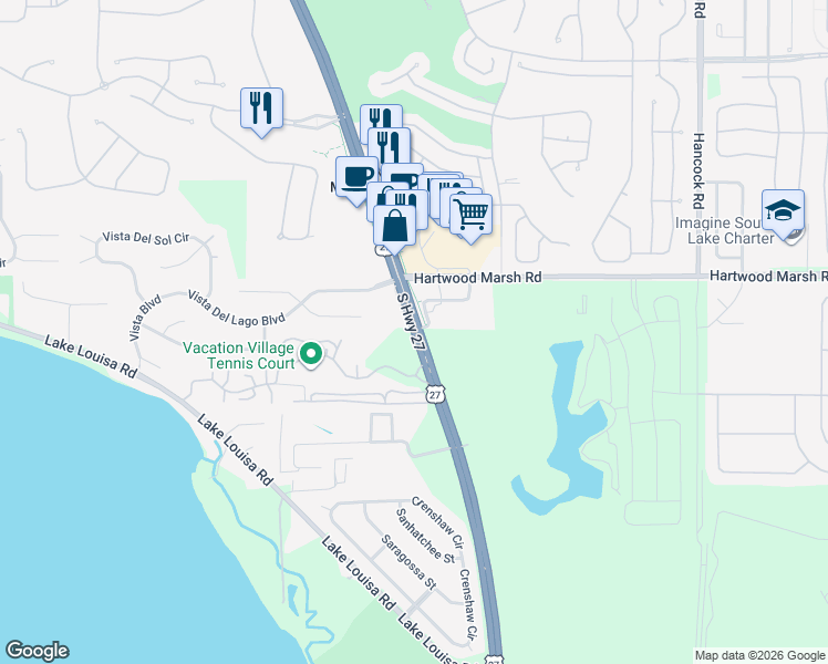 map of restaurants, bars, coffee shops, grocery stores, and more near 10301 South Highway 27 in Clermont