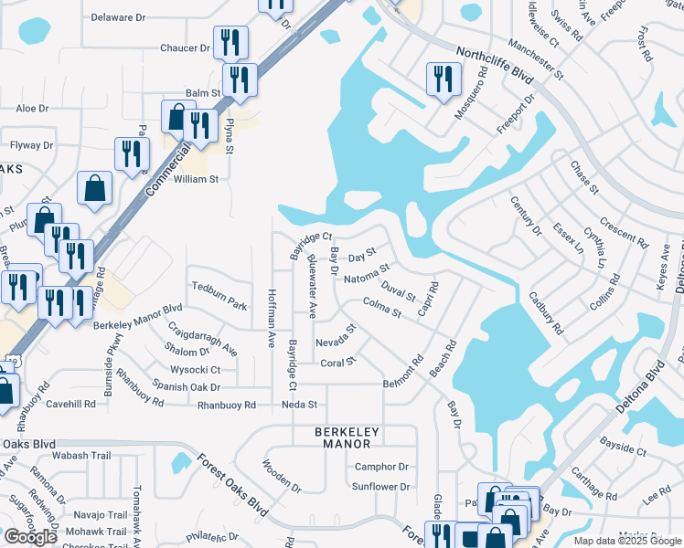 map of restaurants, bars, coffee shops, grocery stores, and more near 8343 Natoma Street in Spring Hill