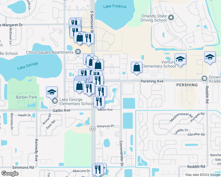 map of restaurants, bars, coffee shops, grocery stores, and more near 4536 Commander Drive in Orlando