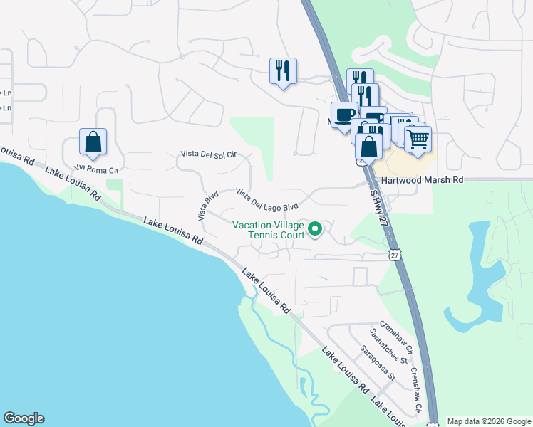 map of restaurants, bars, coffee shops, grocery stores, and more near 13921 Vista Del Lago Boulevard in Clermont