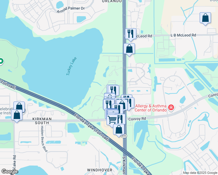 map of restaurants, bars, coffee shops, grocery stores, and more near 4312 South Kirkman Road in Orlando