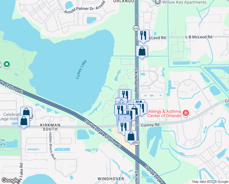 map of restaurants, bars, coffee shops, grocery stores, and more near 4324 South Kirkman Road in Orlando