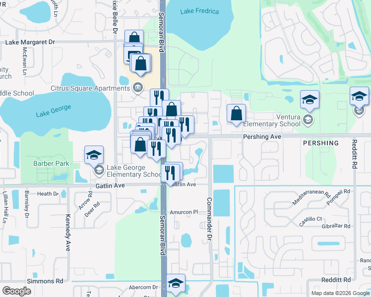 map of restaurants, bars, coffee shops, grocery stores, and more near 5750 Pershing Avenue in Orlando