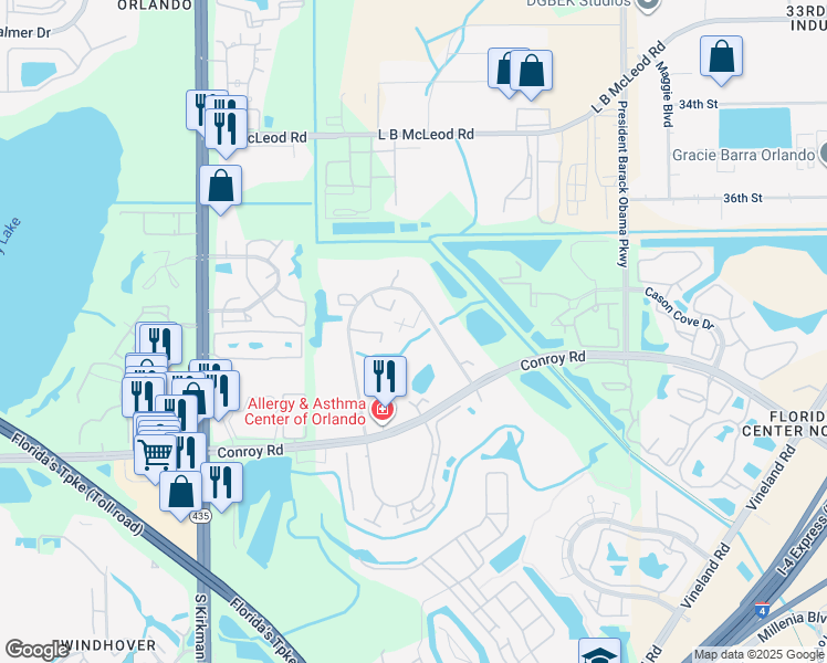 map of restaurants, bars, coffee shops, grocery stores, and more near 5287 Middle Court in Orlando