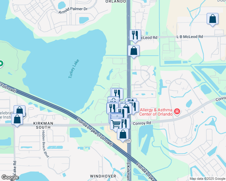 map of restaurants, bars, coffee shops, grocery stores, and more near 4312 South Kirkman Road in Orlando
