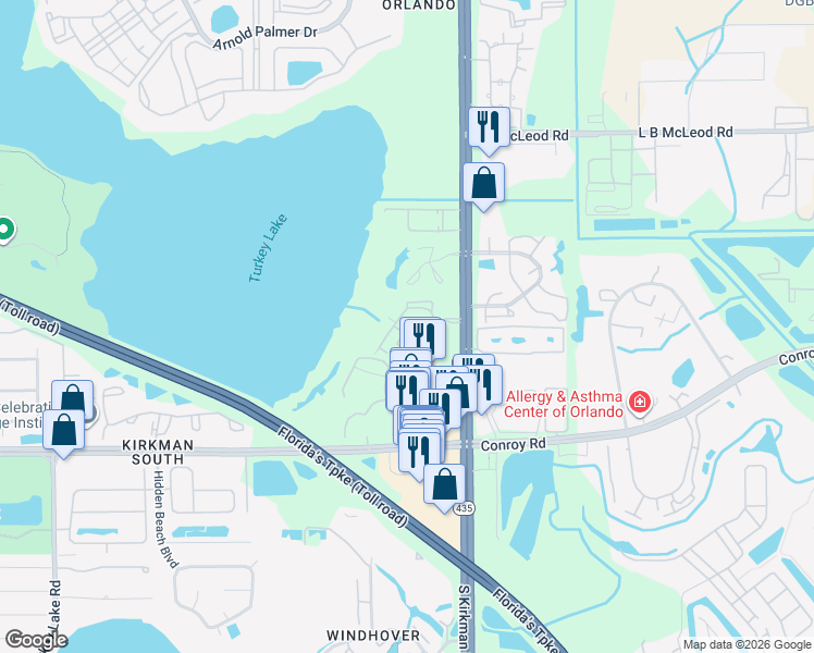map of restaurants, bars, coffee shops, grocery stores, and more near 4324 South Kirkman Road in Orlando